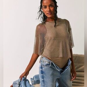 Free People Filter Finish Tan Mesh Bodysuit Top